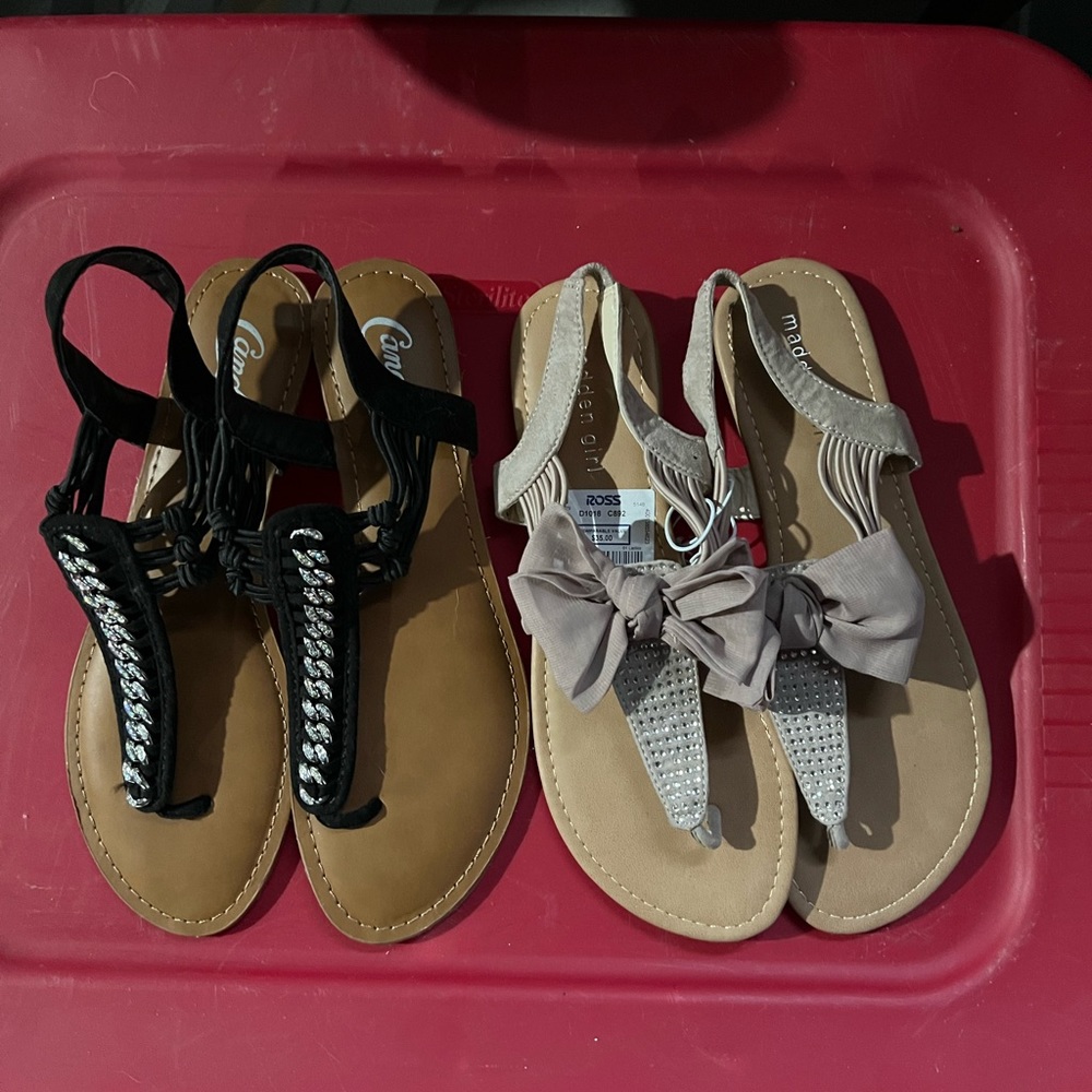 2 size ten embellished dress sandals one pair black one pair tan/taupe/ cream